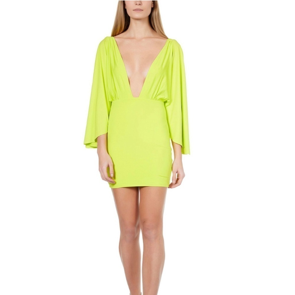 BeBe Plunging Wing Sleeve Neon Green Yellow Mini Dress Size S